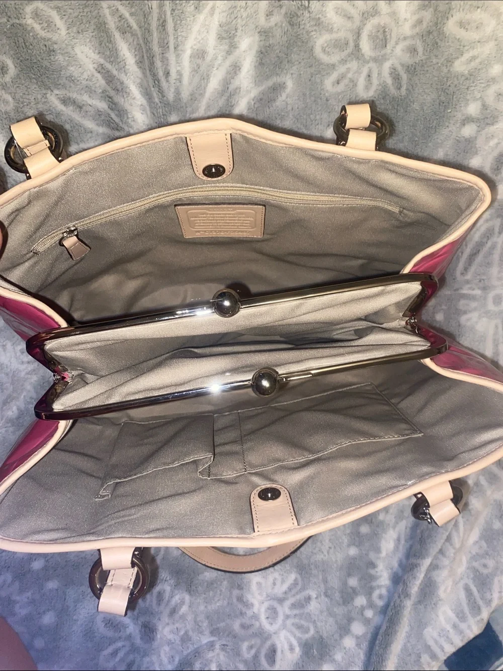 Coach Pink Patent Leather Tote with Tan Handles